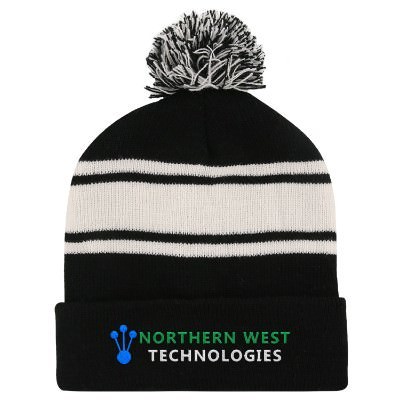 Black with white stripes embroidered knit beanie.