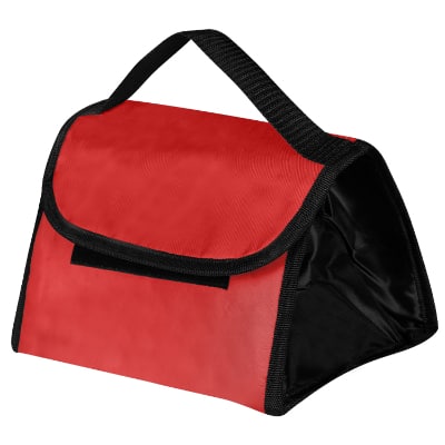 Blank red polyester triad lunch cooler bag.