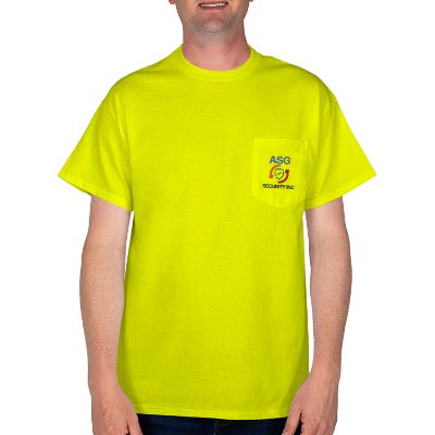 Safety green pocket tee with custom full color logo.