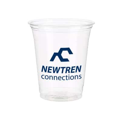 PET plastic clear soft sided cup with custom branding in 14 ounces.