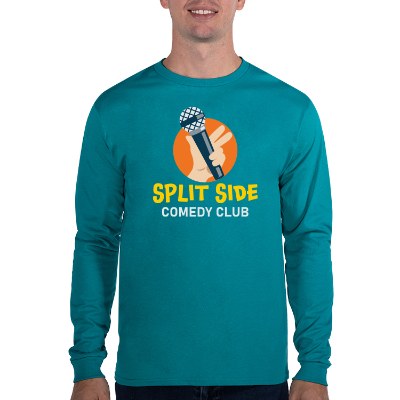 Customized full color logo on an athletic teal t-shirt.