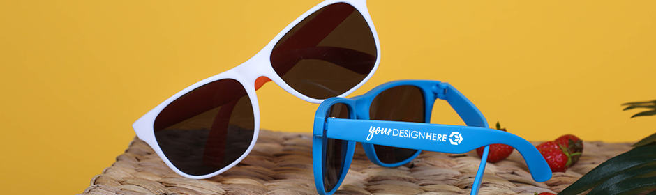 Blue sunglasses with white imprint