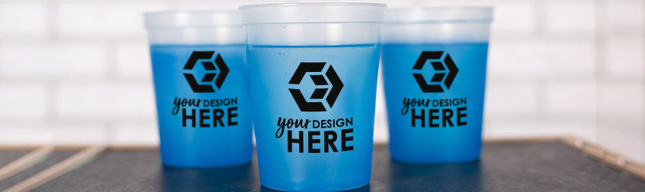 Three blue color-changing cups with black imprints