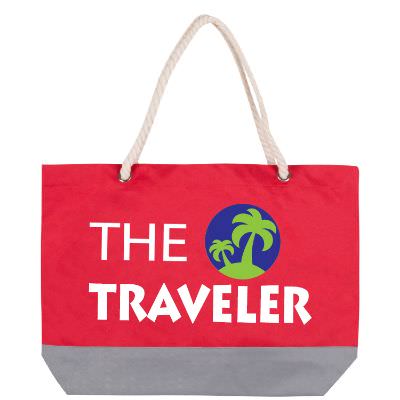 Polyester red rope tote with branded full color imprint.