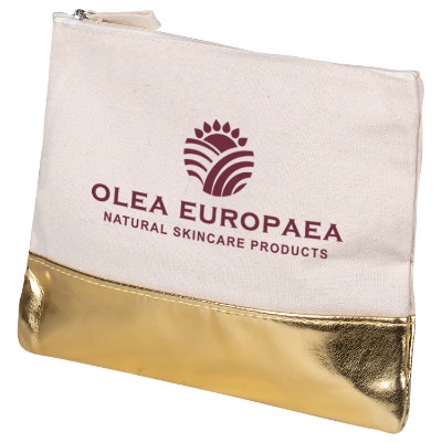 Cotton canvas gold metallic accent cosmetic bag with custom imprint.