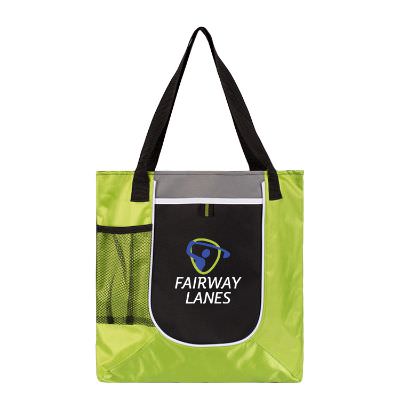 Polyester and jacquard red collateral tote with customized full color logo.