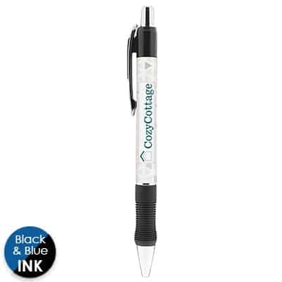 Branded full-color plastic pen with rubber grip.