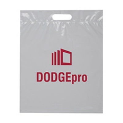 Plastic gray die cut bag with customized branding.