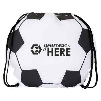 Polyester soccer drawstring with promotional logo.