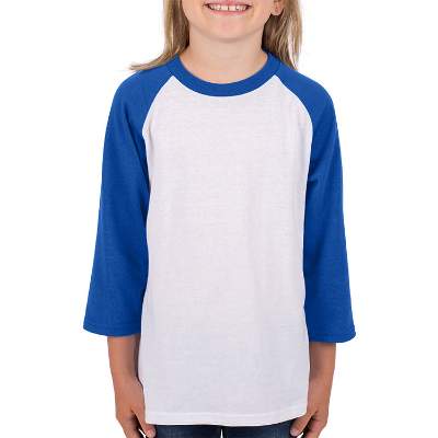 Youth blank blue and white 3/4 sleeve t shirt.