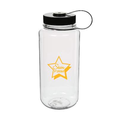 Plastic blue water bottle with custom print in 30 ounces.