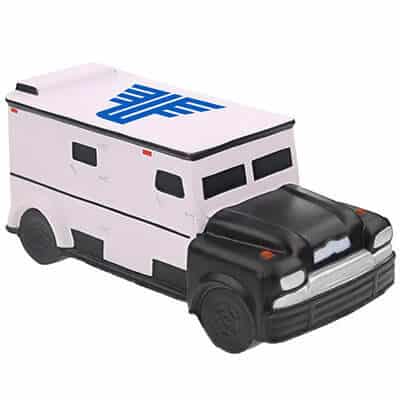 Foam armored truck stress reliever with logoed promo.