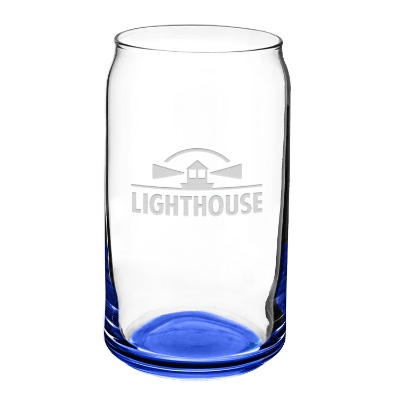 Blue beer glass with engraved logo.