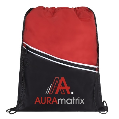Polyester orange and black drawstring bag with full-color logo and front zippered pockets.