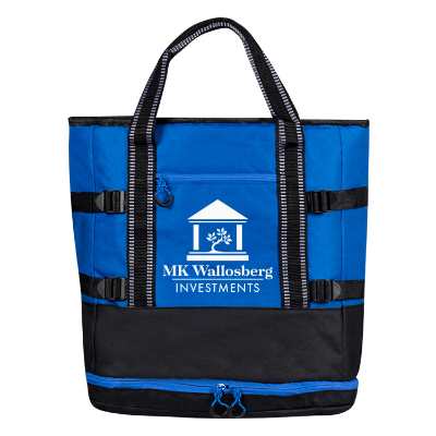 Blue backpack cooler with custom logo.