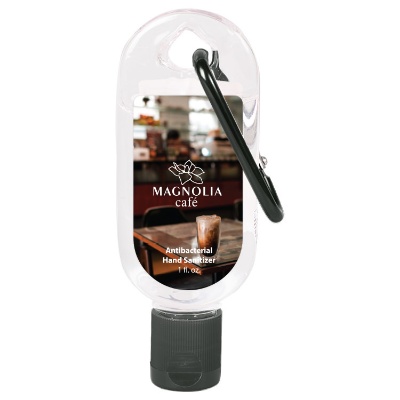 Plastic 1 ounce black hand sanitizer with carabiner with a personalized logo.