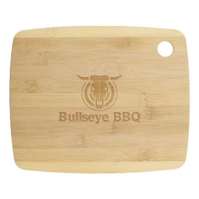 11-in. gosford two-tone natural bamboo cutting board with laser engraved promotional logo.