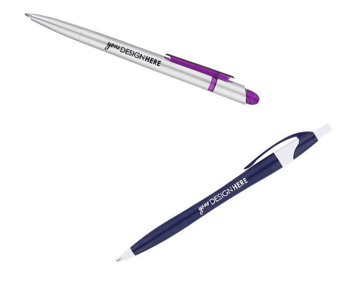 Silver pen with black imprint and navy blue pen with white imprint