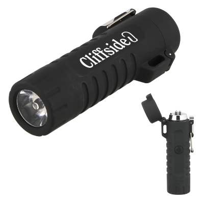 Black aluminum flashlight with a one-color logo.
