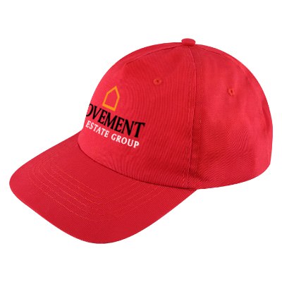 Red custom twill full color cap.
