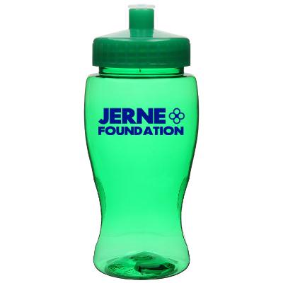 Poly-pure green water bottle with custom branding and push pull lid in 18 ounces.