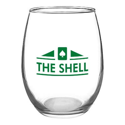 Clear wine glass with custom logo.