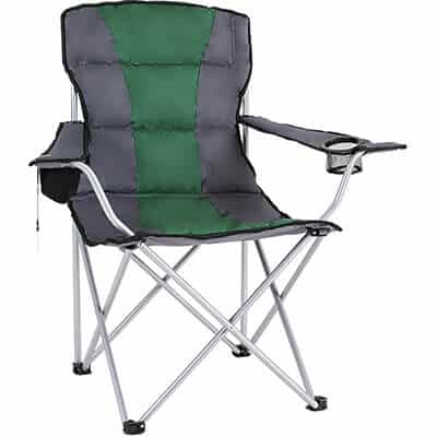 Charcoal with green strip folding chair with bottle opener and branded carrying bag.