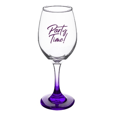 Purple wine glass with custom logo.