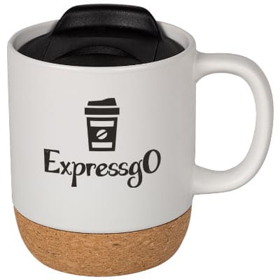 Ceramic white coffee mug with c-handle and custom design in 14 ounces.