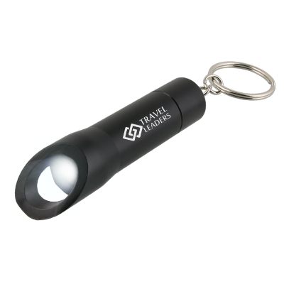 Aluminum black flashlight keychain bottle opener engraved.