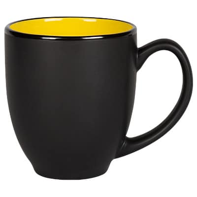 Ceramic black and yellow coffee mug with c-handle blank in 14 ounces.