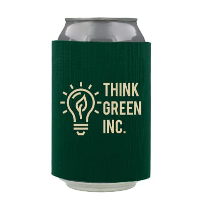 Foam forest green gray can sleeve with custom branding.