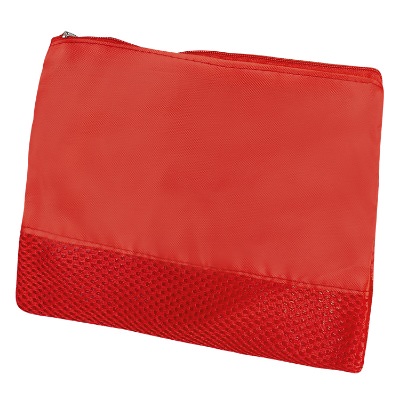 Polyester and mesh red vanity cosmetic bag blank.