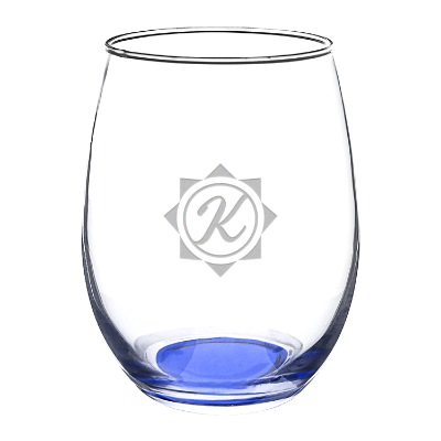 Blue wine glass with engraved logo.