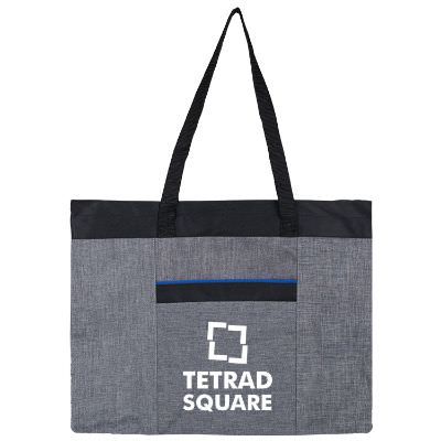 Polyester royal blue heathered executive tote with custom imprint.