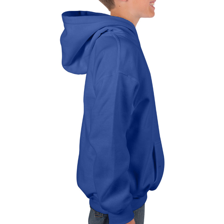 Customized royal blue youth hooded sweatshirt.