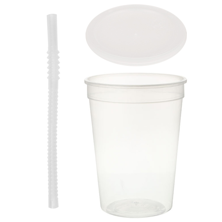 Plastic stadium cup with lid and straw in 12 ounces.