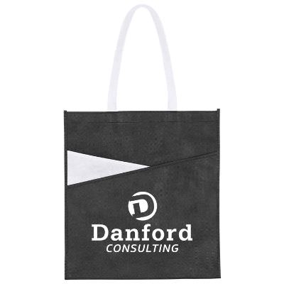Polypropylene red slasher tote with personalized imprint.