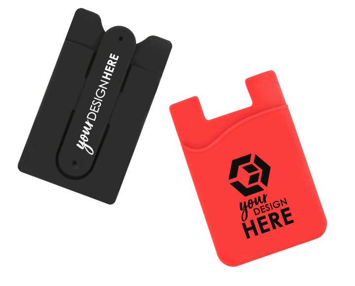 Black custom phone wallets with white imprint and red custom adhesive cell phone car holder with black imprint