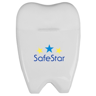 White plastic dental floss with a personalized logo.