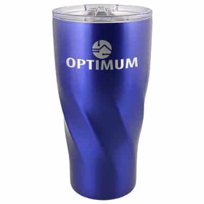 Stainless steel blue tumbler with custom engraved logo in 20 ounces.