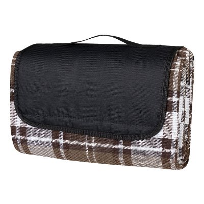 Blank brown plaid water-resistant polyester blanket with a handle and velcro closure.
