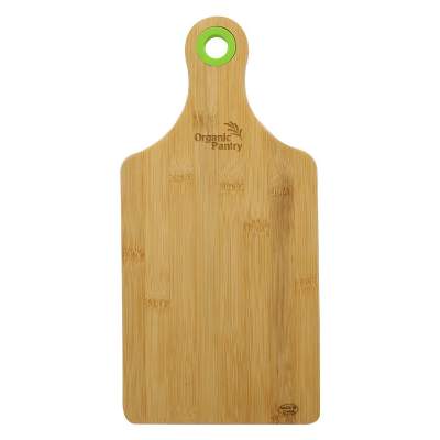 Engraved lime bamboo cheese board with custom printed logo.