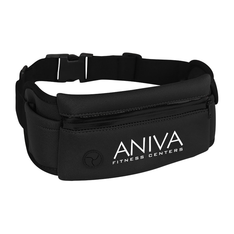 A royal blue neoprene running fanny pack with earbuds slot.