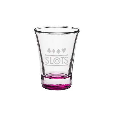 Pink shot glass with engraved logo.
