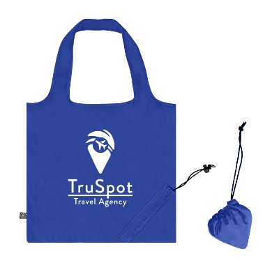 Royal blue rPET foldaway tote bag with custom logo.