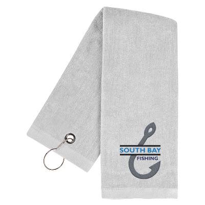 Embroidered tri fold sport towel.