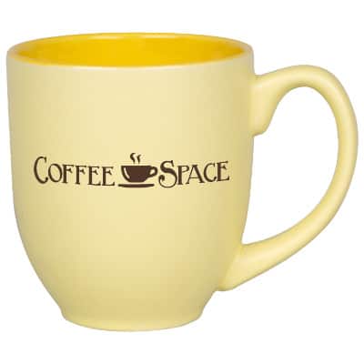 Ceramic yellow coffee mug with c-handle and custom imprint in 14 ounces.