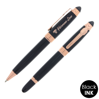 Black and rose gold writing set with engraved logo.