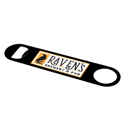 Stainless steel paddle style bottle opener with magnet with custom full color logo.